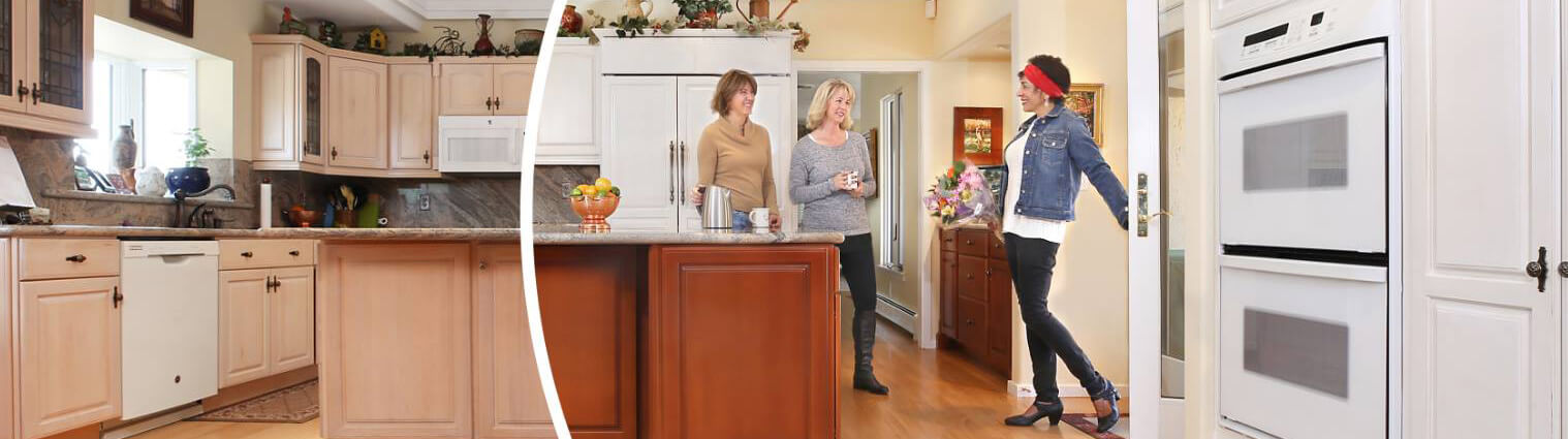 friends hanging out in new N-Hance refinished kitchen that has white cabinets