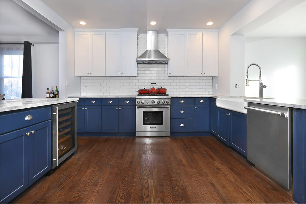 N-Hance refinished kitchen that is blue and white with dark wood floors wood refinishing franchise 