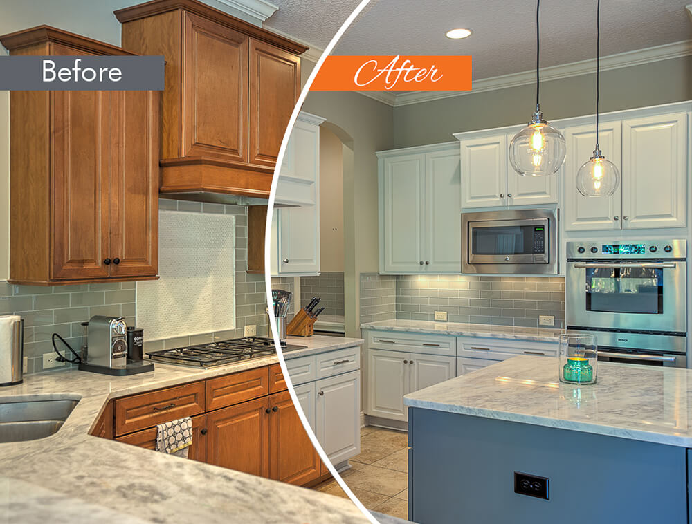 transformation of brown kitchen to blue and white cabinets