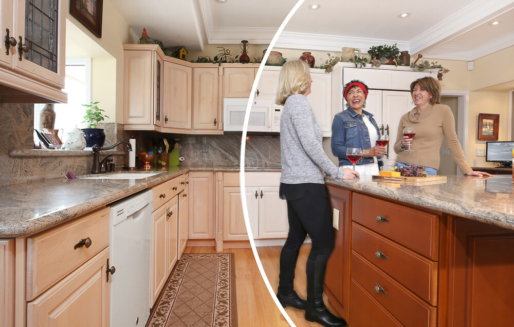 women in brown and white kitchen drinking a glass of wine before and after picture of women in newly N-Hance Wood Refinished kitchen