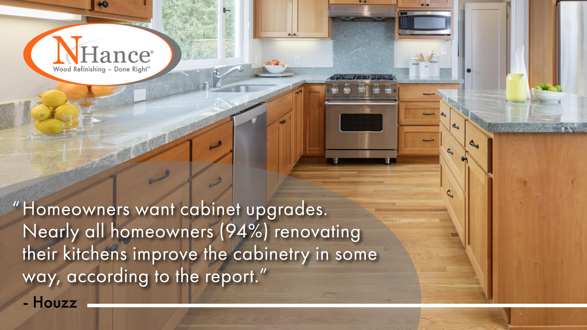 N-Hance franchise infographic about 94% of homeowners renovating their kitchens improve the cabinetry