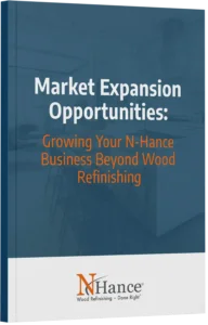 Promotional poster for n-hance wood refinishing, titled "market expansion: growing your n-hance business beyond wood refinishing," featuring a blue overlay and interior background.